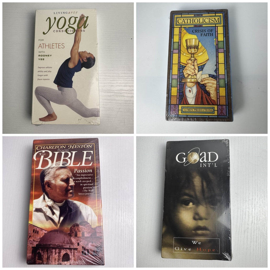 Factory sealed lot of 4 vintage VHS tapes including Charlton Heston Bible Passion and Rodney Yee Yoga