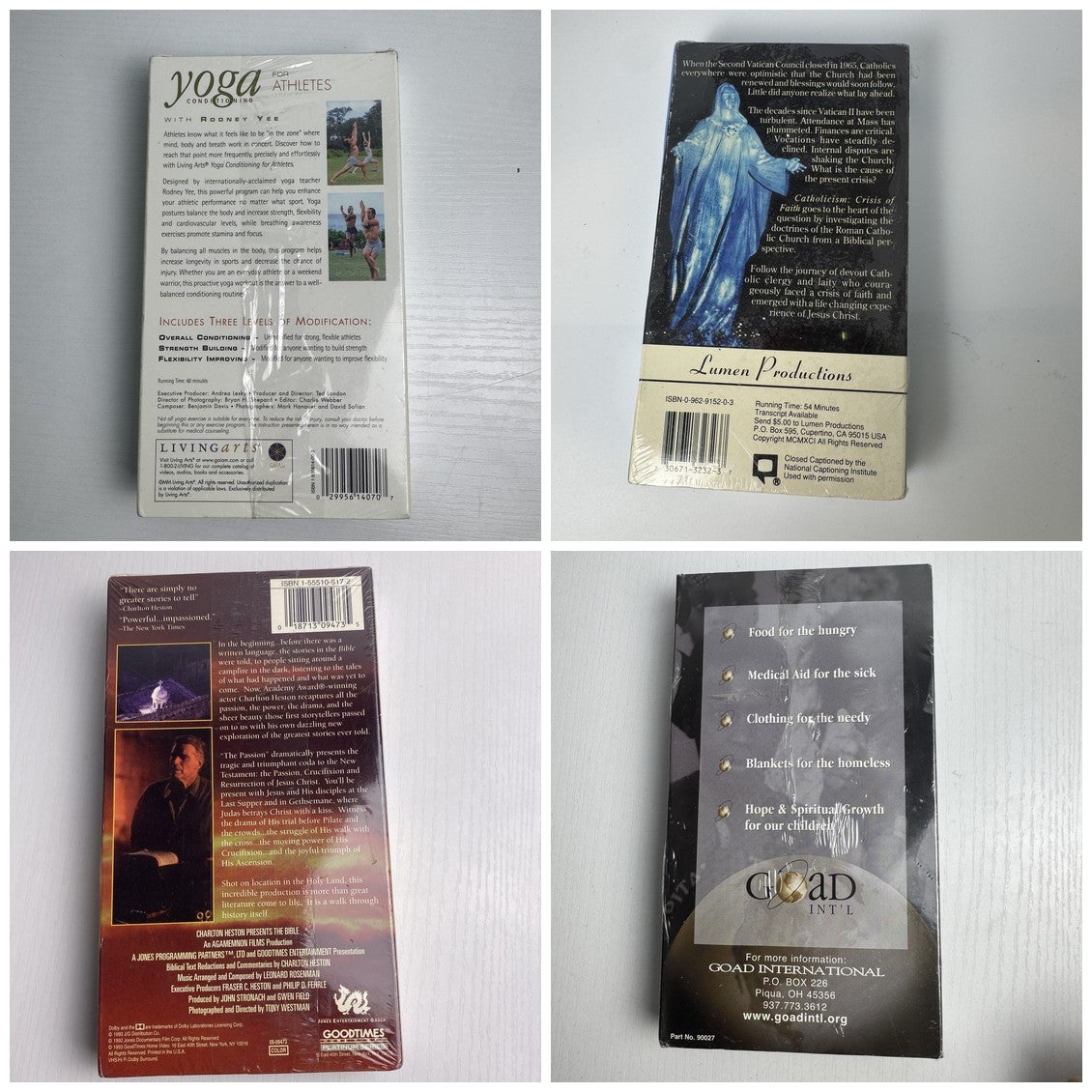 Factory sealed lot of 4 vintage VHS tapes including Charlton Heston Bible Passion and Rodney Yee Yoga