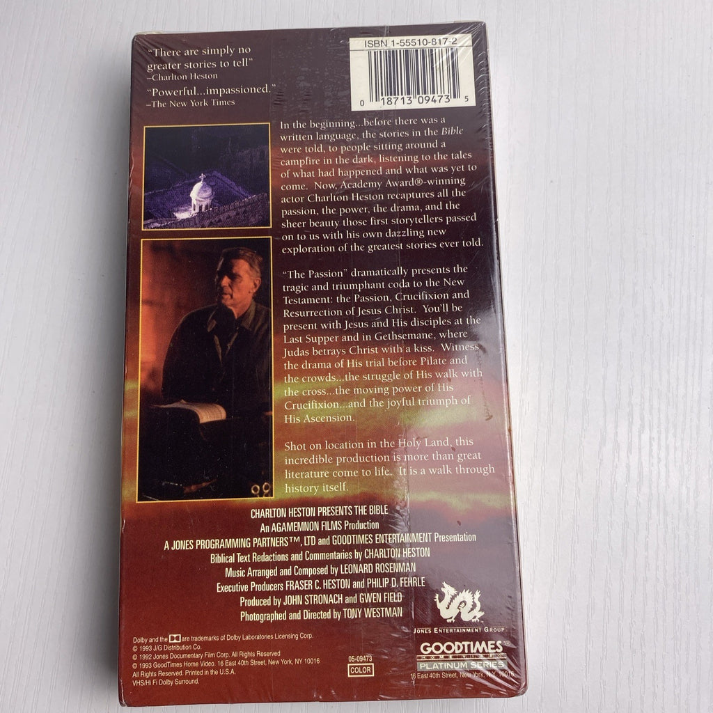 Factory sealed lot of 4 vintage VHS tapes including Charlton Heston Bible Passion and Rodney Yee Yoga
