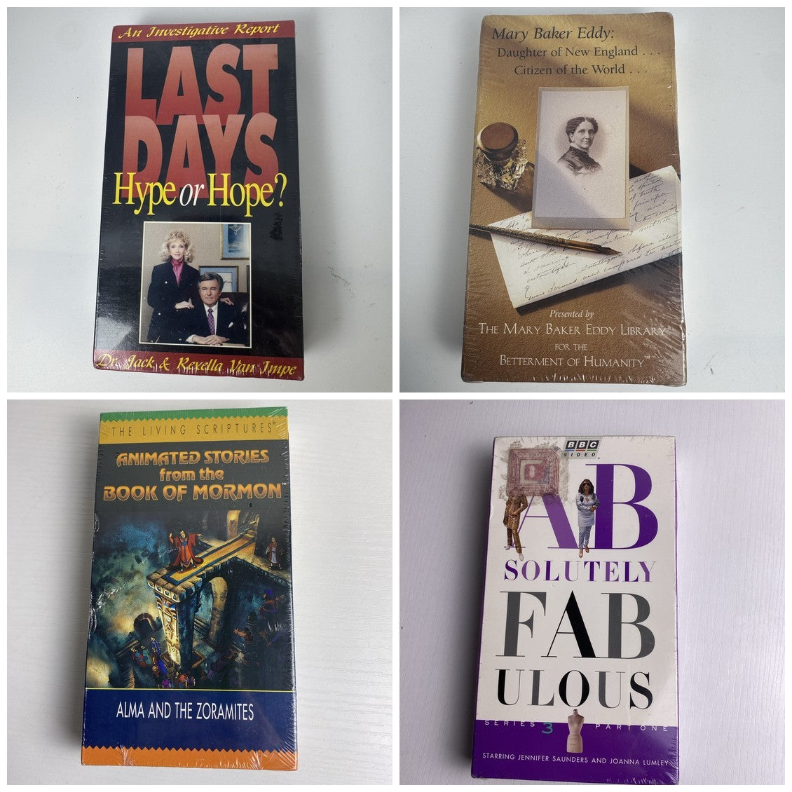 Lot of four brand new factory sealed vintage VHS tapes including Absolutely Fabulous and Animated Stories from the Book of Mormon.