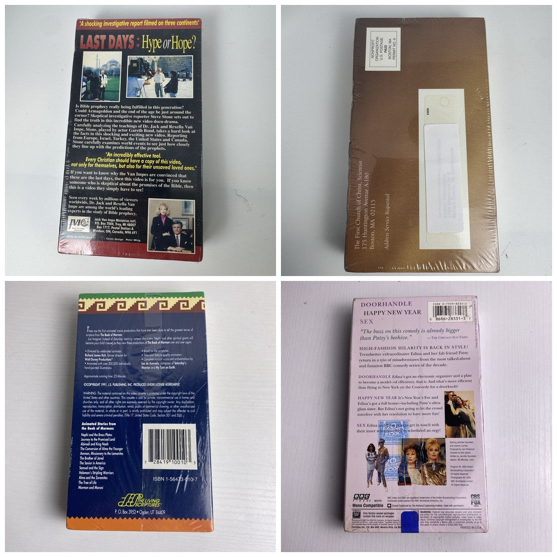 Lot of four brand new factory sealed vintage VHS tapes including Absolutely Fabulous and Animated Stories from the Book of Mormon.