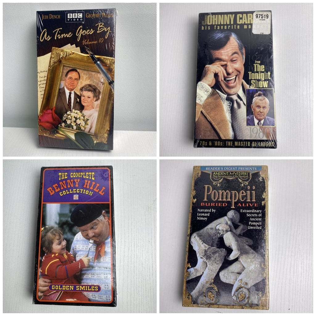 Set of four brand new factory sealed vintage VHS tapes featuring classic TV shows and documentaries