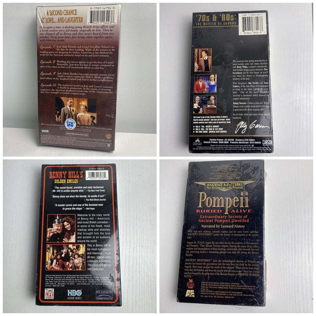 Set of four brand new factory sealed vintage VHS tapes featuring classic TV shows and documentaries