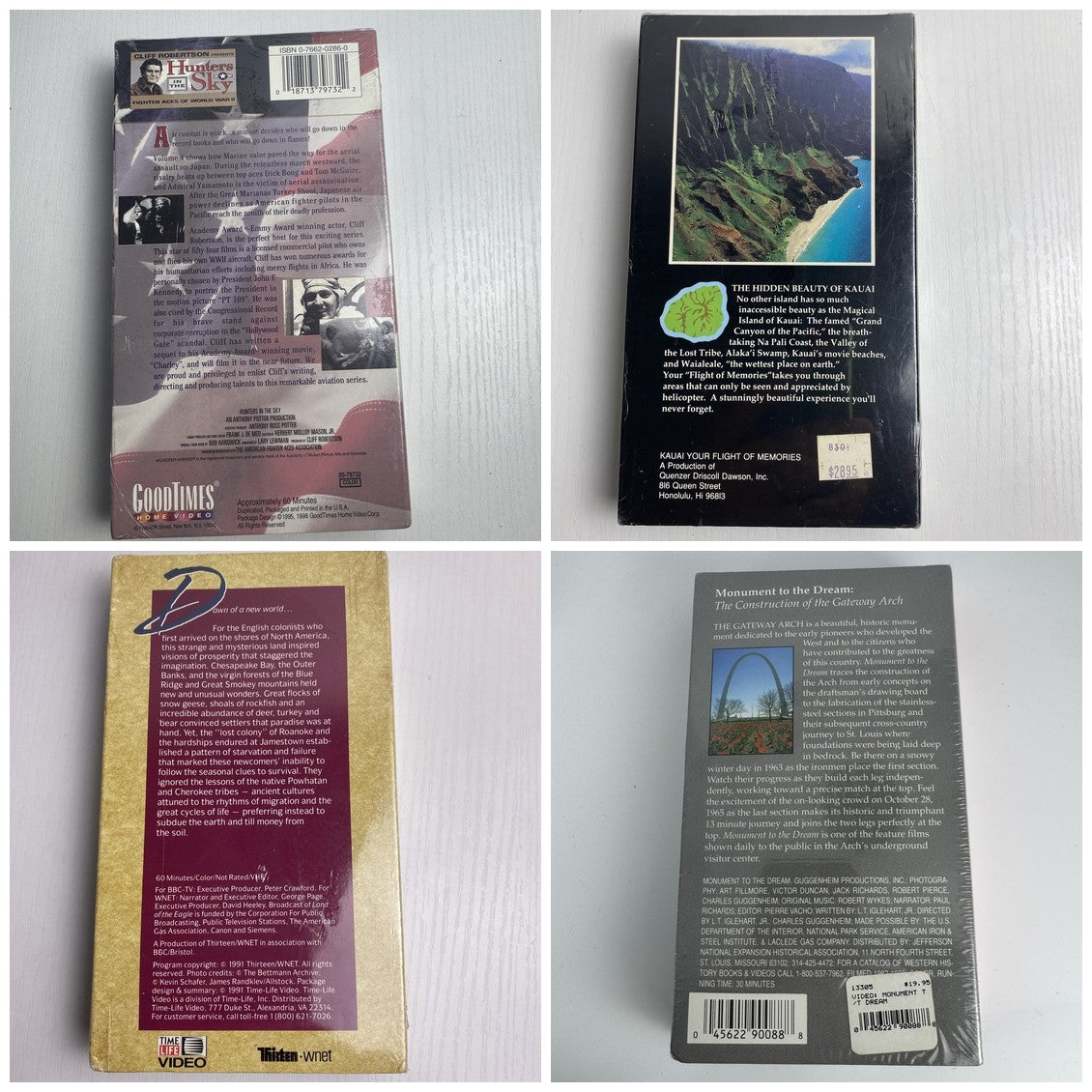 Lot of 4 brand new factory sealed documentary VHS tapes including Land of the Eagle and Hunters in the Sky