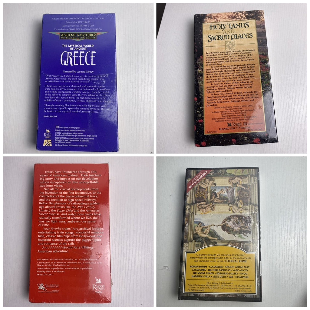 Lot of four brand new factory sealed history and travel documentary VHS tapes including Readers Digest and A&E titles.