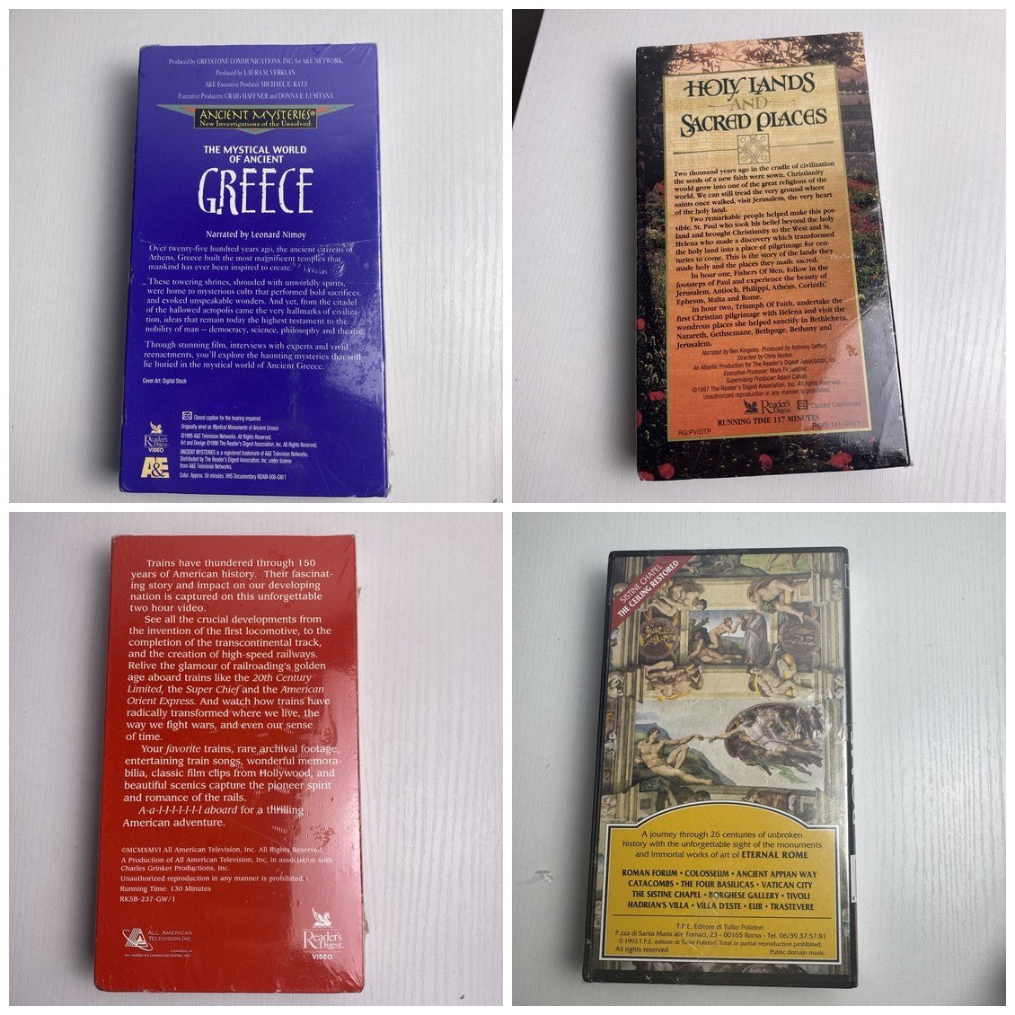 Lot of four brand new factory sealed history and travel documentary VHS tapes including Readers Digest and A&E titles.