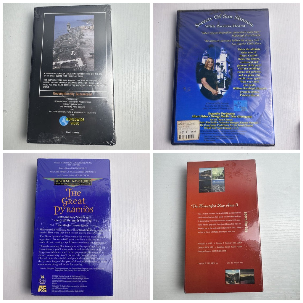 Factory sealed 4-piece travel and history documentary set featuring 3 VHS tapes and 1 DVD.