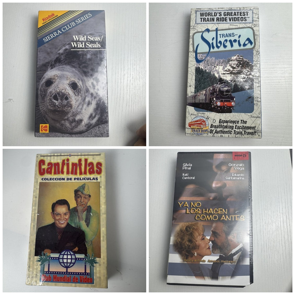 Factory sealed lot of 4 vintage VHS tapes including Sierra Club nature documentary and classic Spanish language movies.