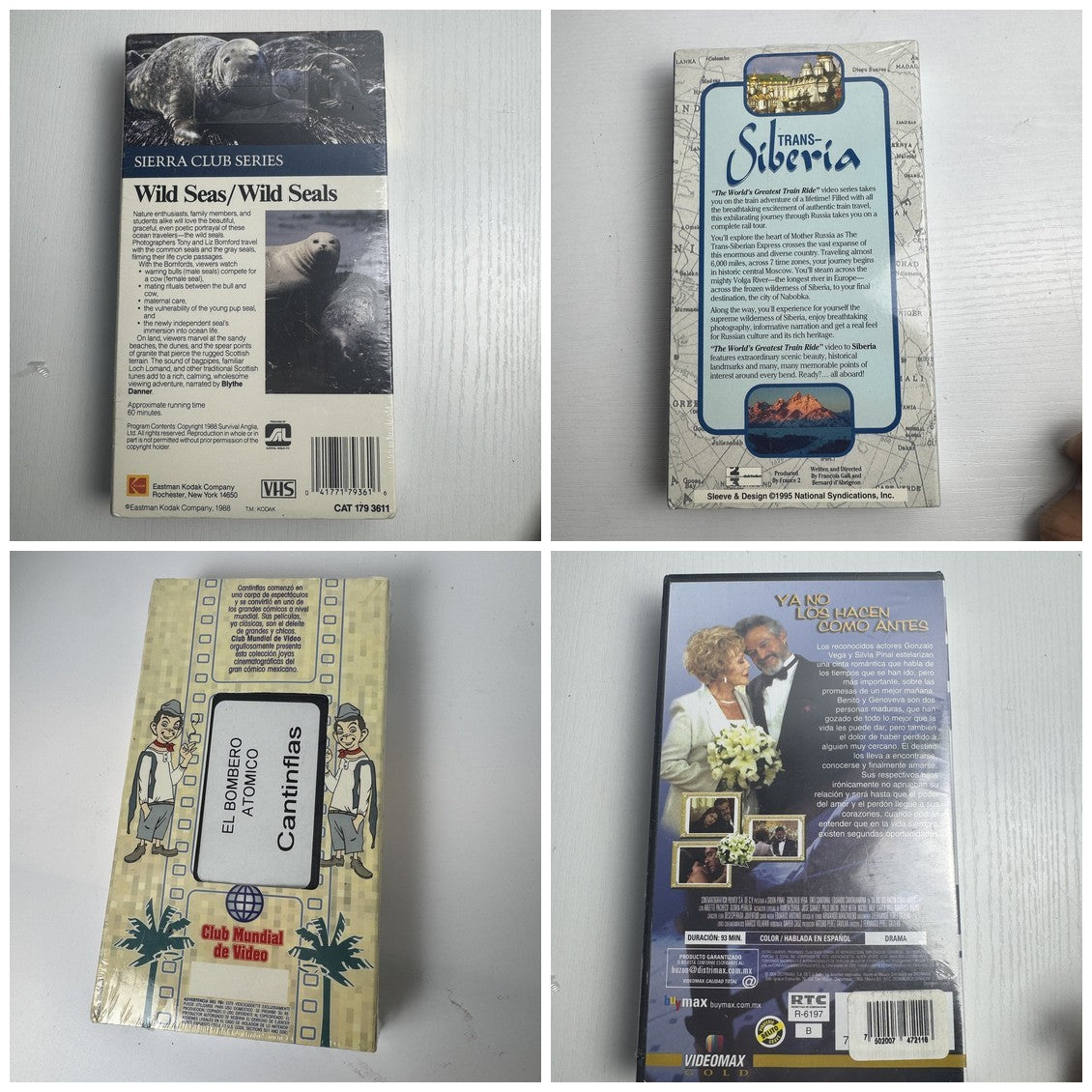 Factory sealed lot of 4 vintage VHS tapes including Sierra Club nature documentary and classic Spanish language movies.