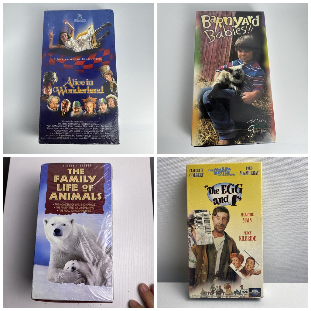 Lot of four brand-new factory-sealed vintage family VHS tapes including Alice in Wonderland and The Egg and I.