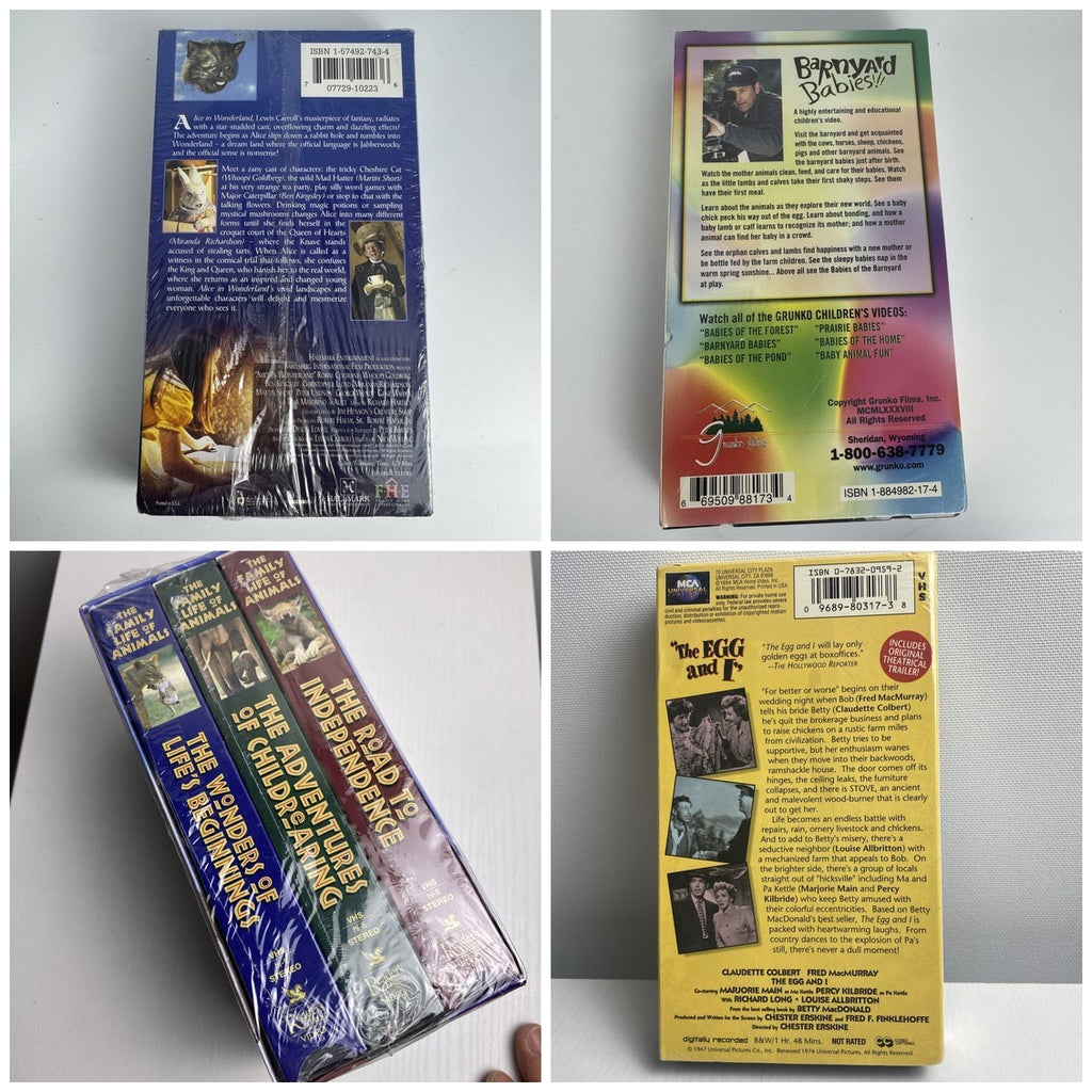 Lot of four brand-new factory-sealed vintage family VHS tapes including Alice in Wonderland and The Egg and I.