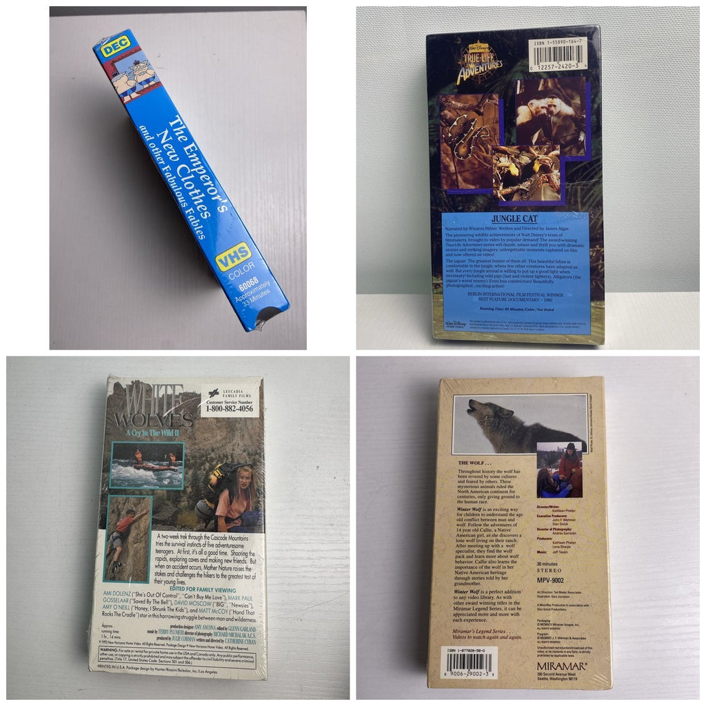 Lot of 4 factory-sealed family VHS movie tapes featuring Disney's Jungle Cat and 90s adventure White Wolves