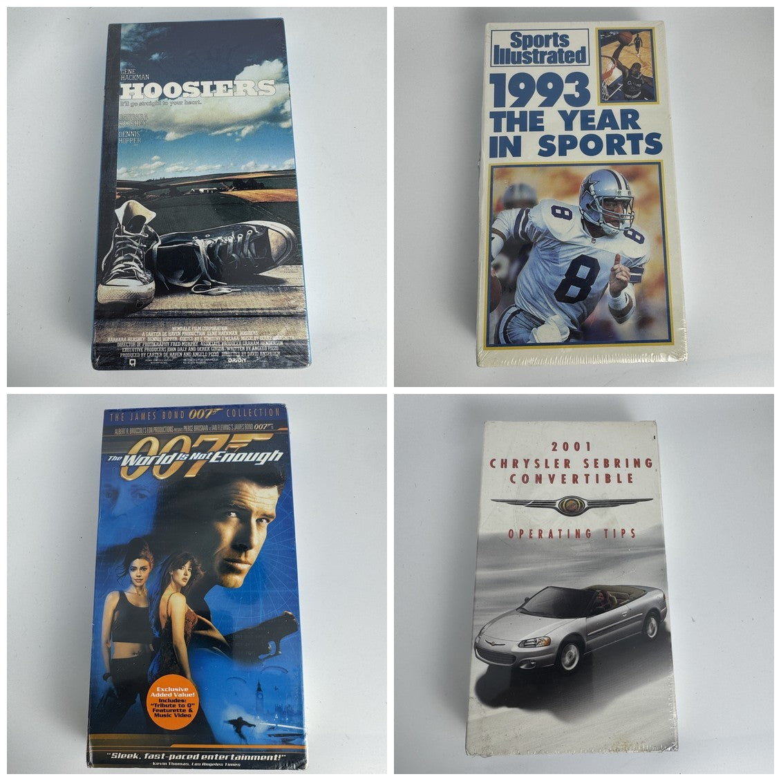 Four factory sealed vintage VHS tapes including Hoosiers, James Bond 007, Sports Illustrated 1993, and Chrysler promo.