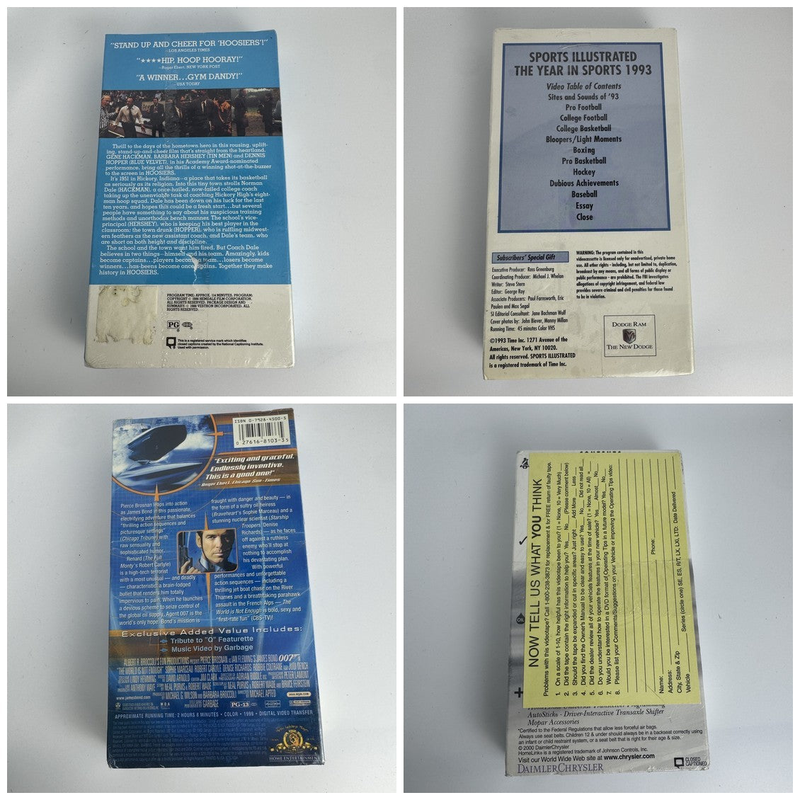 Four factory sealed vintage VHS tapes including Hoosiers, James Bond 007, Sports Illustrated 1993, and Chrysler promo.