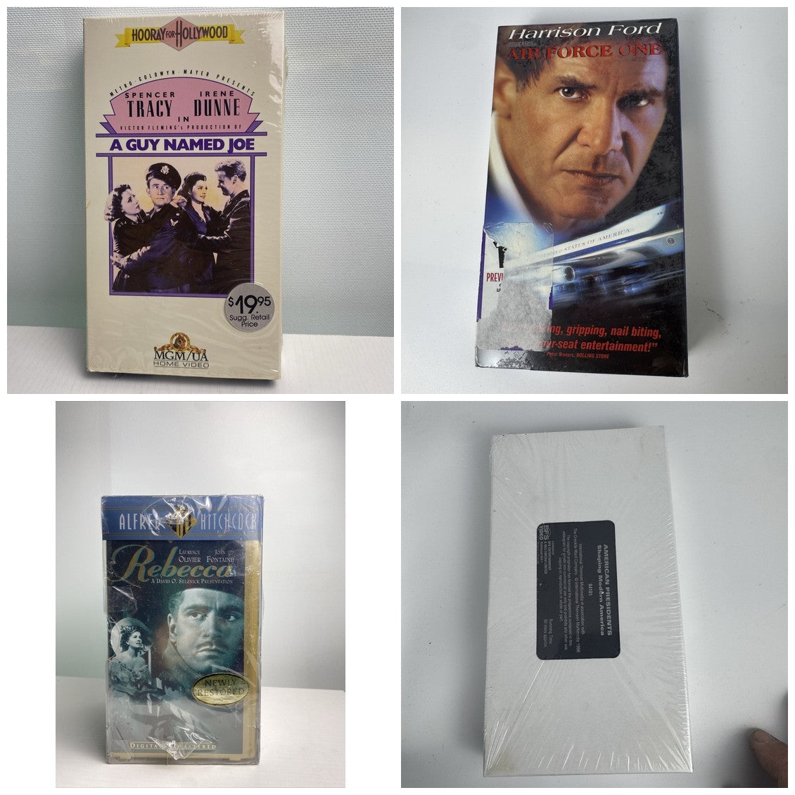 Lot of four brand new factory sealed VHS tape sets including Hitchcock Collection box set and Air Force One