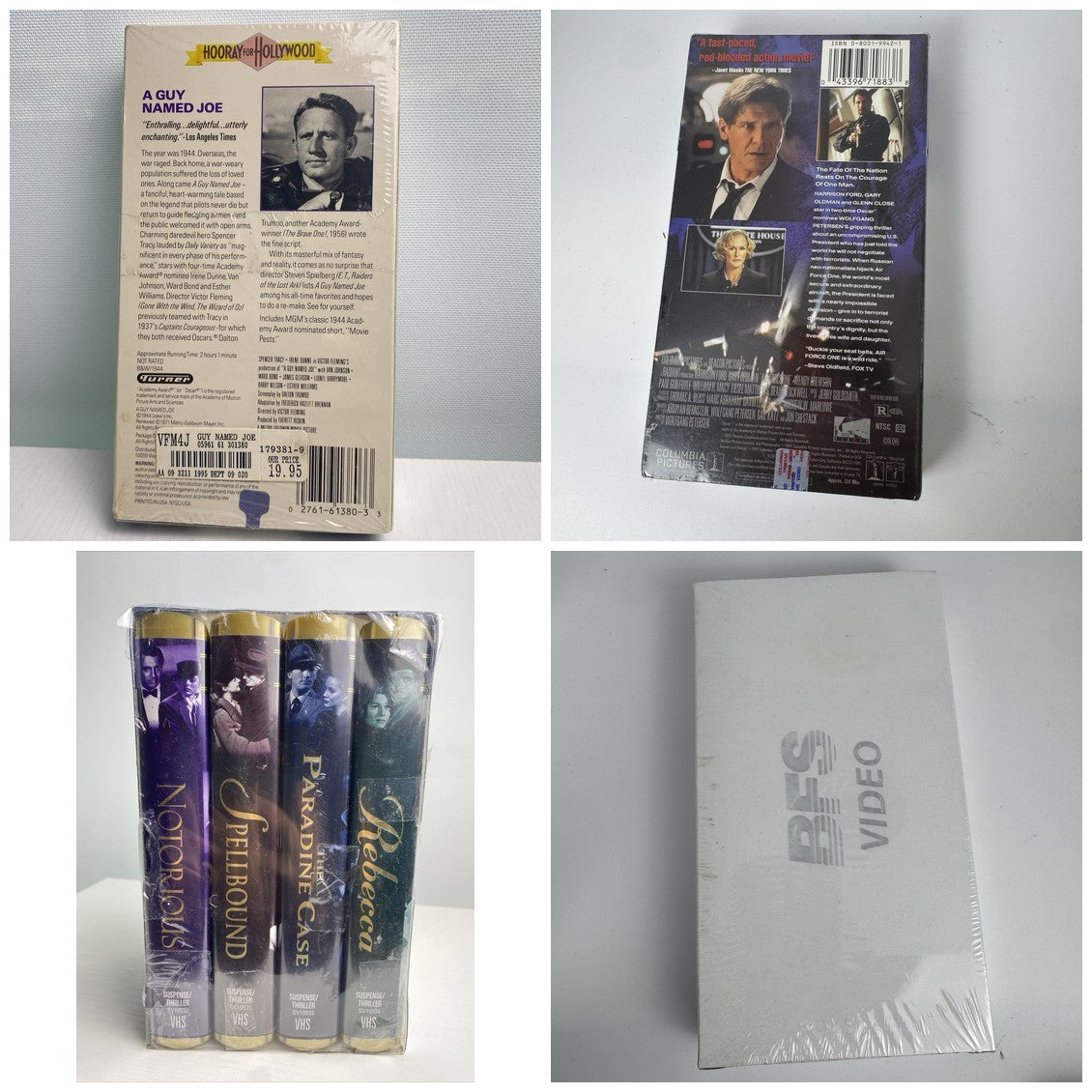 Lot of four brand new factory sealed VHS tape sets including Hitchcock Collection box set and Air Force One