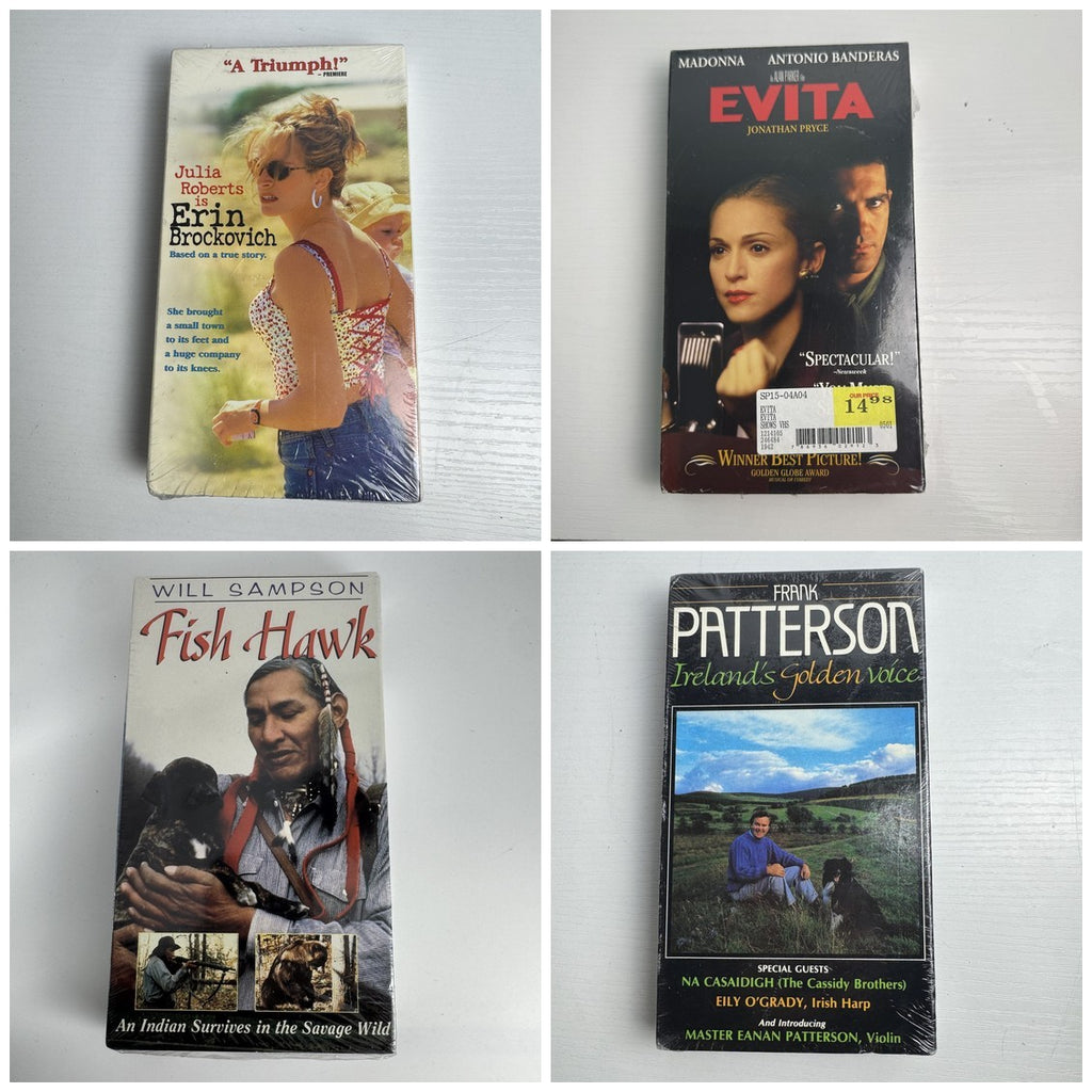 Factory-sealed lot of 4 VHS tapes including Erin Brockovich, Evita, Fish Hawk, and Frank Patterson.
