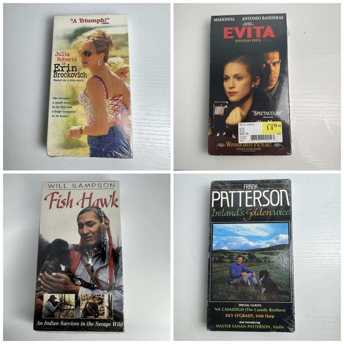 Factory-sealed lot of 4 VHS tapes including Erin Brockovich, Evita, Fish Hawk, and Frank Patterson.