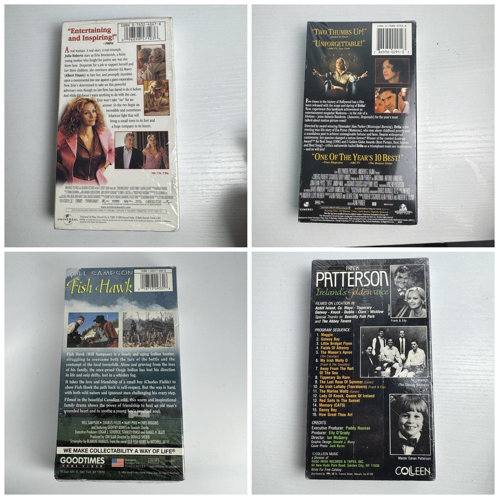 Factory-sealed lot of 4 VHS tapes including Erin Brockovich, Evita, Fish Hawk, and Frank Patterson.