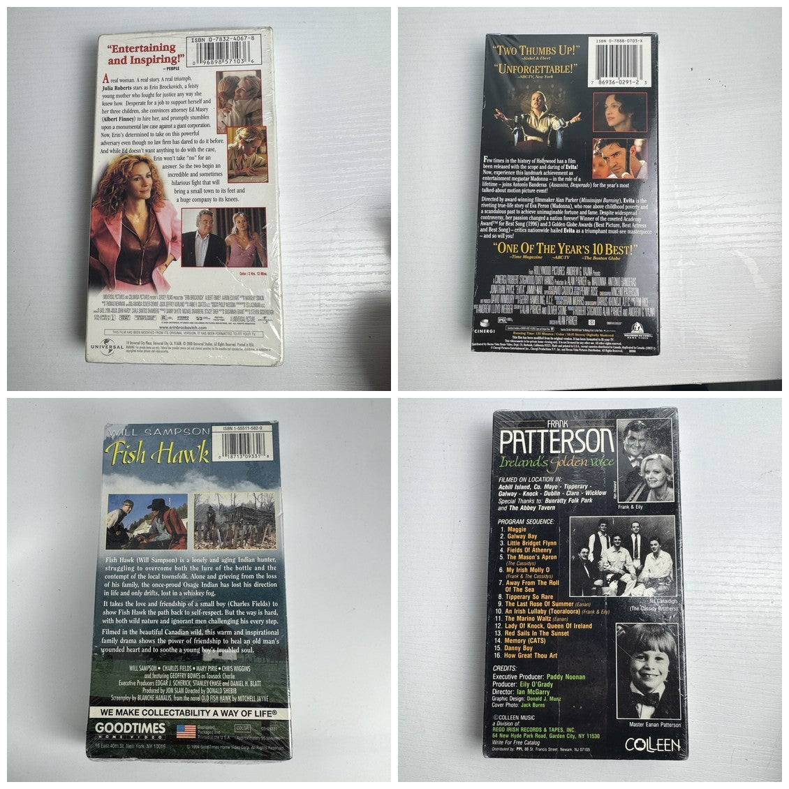 Factory-sealed lot of 4 VHS tapes including Erin Brockovich, Evita, Fish Hawk, and Frank Patterson.