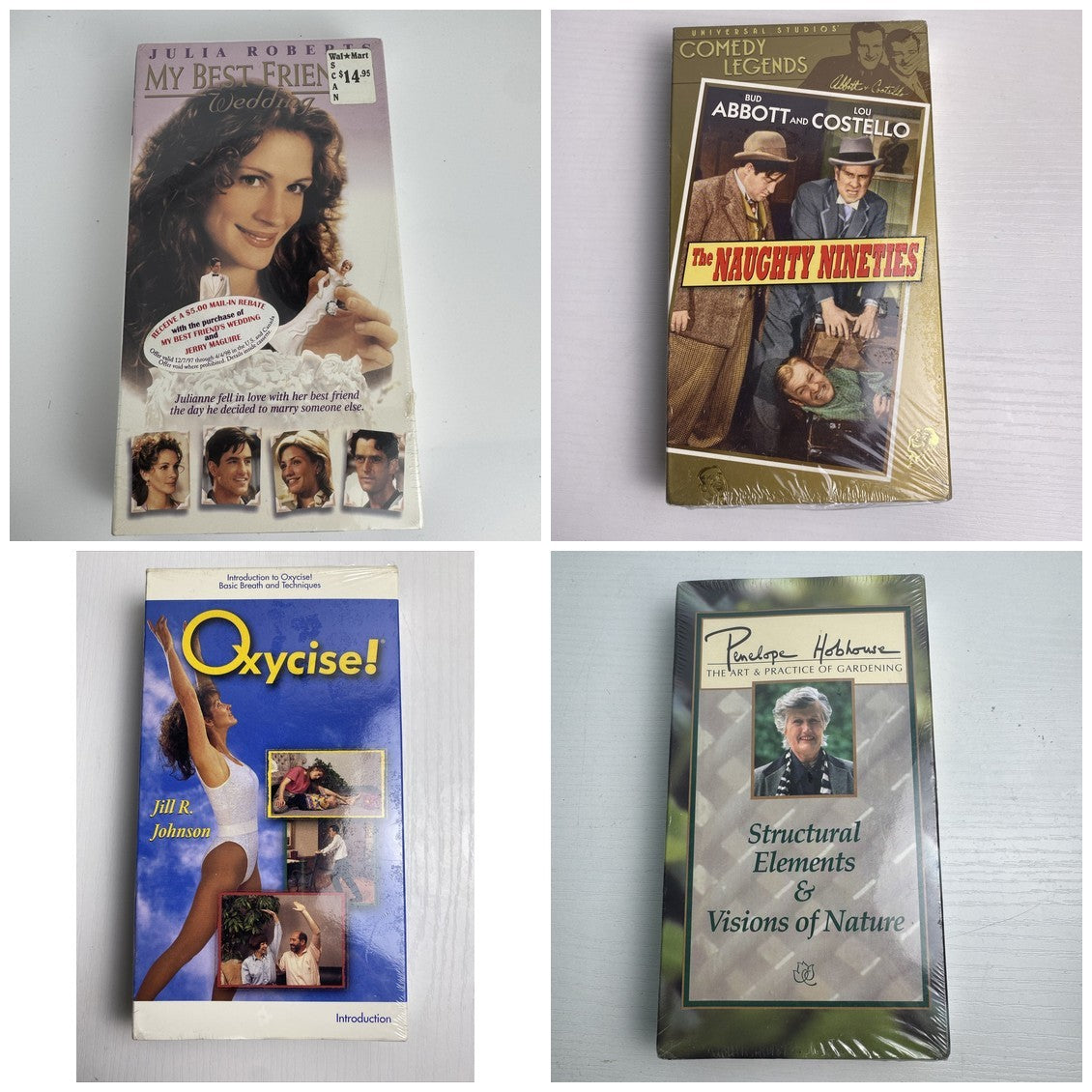 Lot of four brand new factory-sealed vintage VHS tapes including My Best Friend's Wedding and Abbott and Costello.