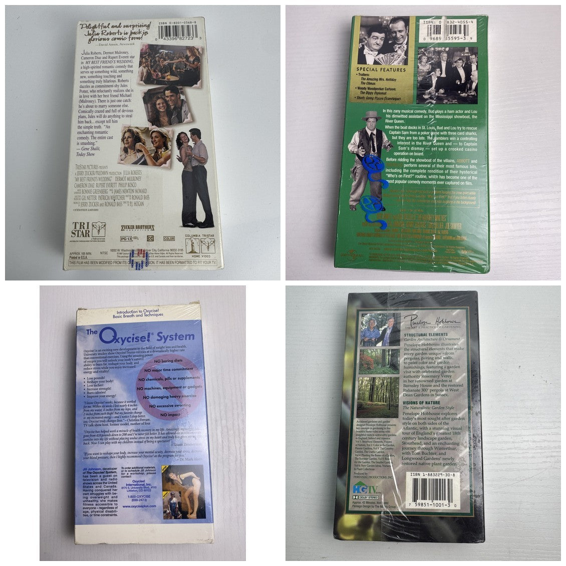 Lot of four brand new factory-sealed vintage VHS tapes including My Best Friend's Wedding and Abbott and Costello.