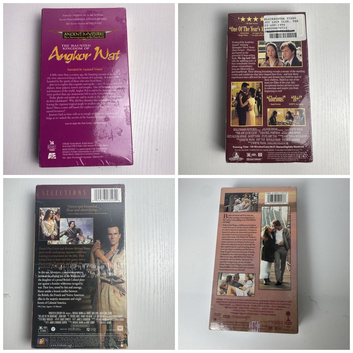 Set of 4 factory-sealed drama VHS tapes including The Last of the Mohicans, The Prince of Tides, and The Joy Luck Club.