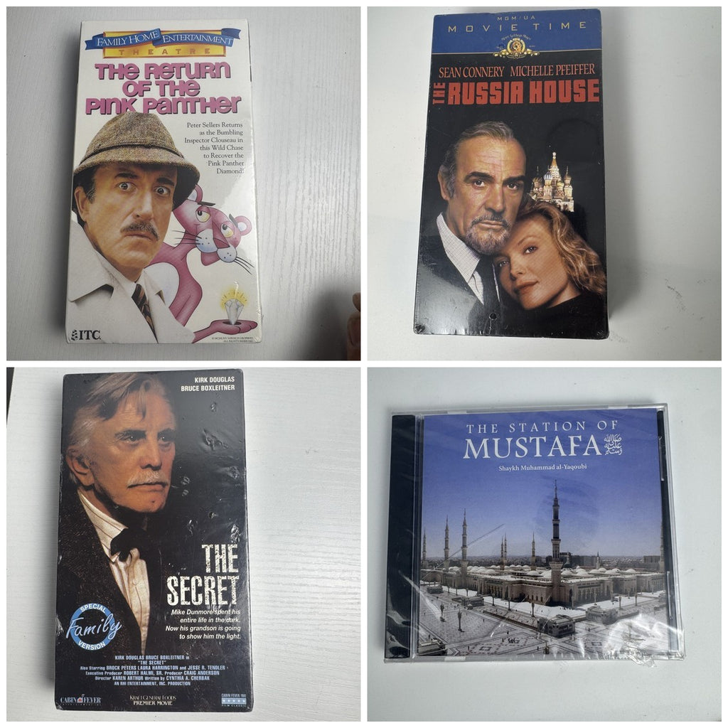 Factory-sealed 4-pack media lot featuring three VHS movies and one audio CD in brand-new condition.