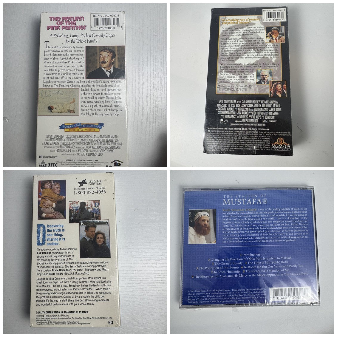 Factory-sealed 4-pack media lot featuring three VHS movies and one audio CD in brand-new condition.