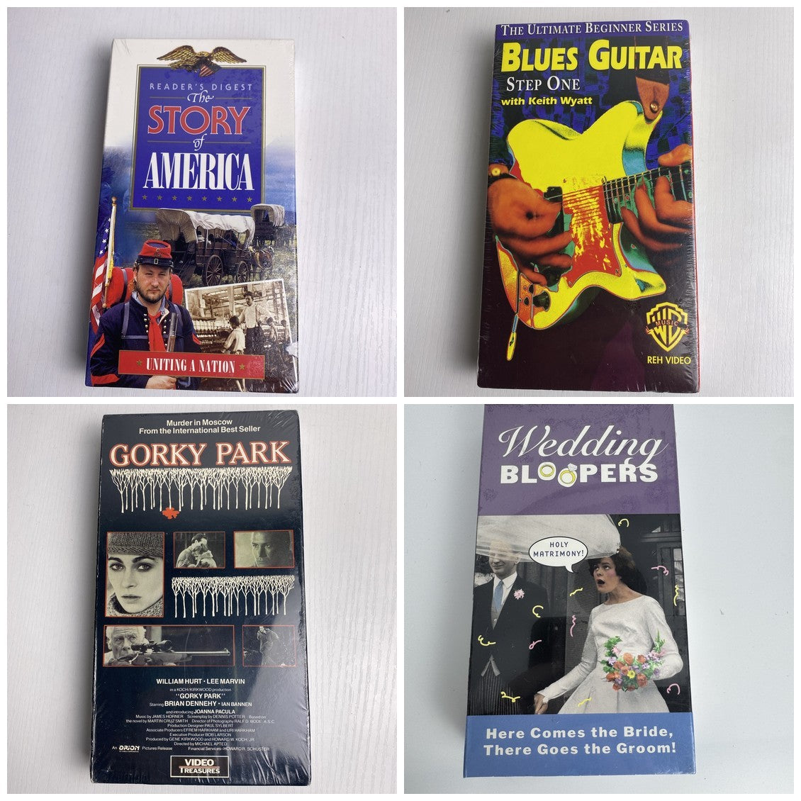 Lot of four brand new factory sealed VHS tapes including Gorky Park and Blues Guitar Step One