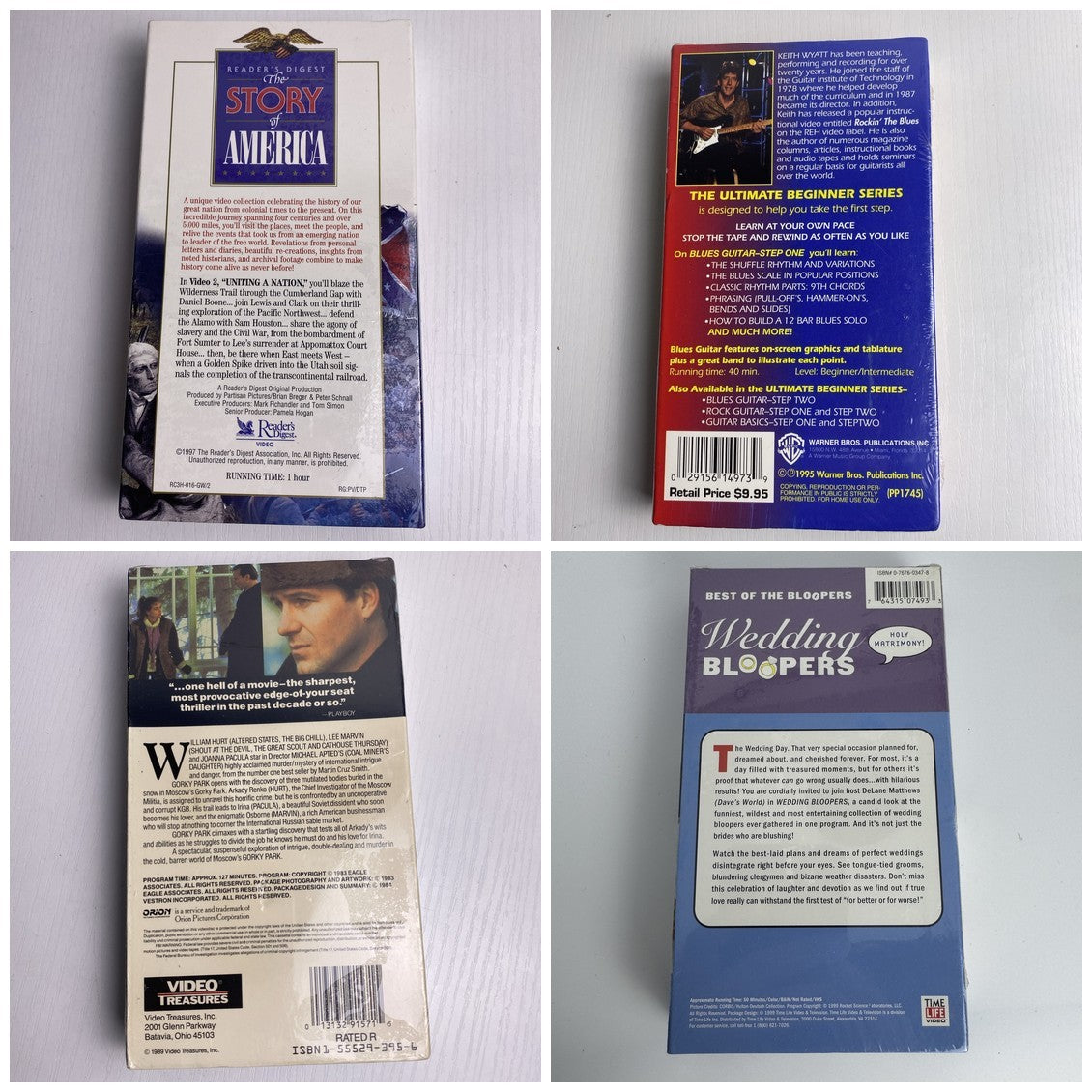 Lot of four brand new factory sealed VHS tapes including Gorky Park and Blues Guitar Step One