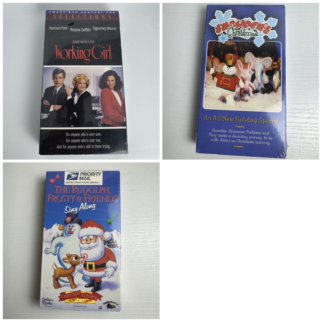 Lot of 3 factory-sealed VHS tapes including Working Girl, Snowden's Christmas, and Rudolph Frosty Sing Along