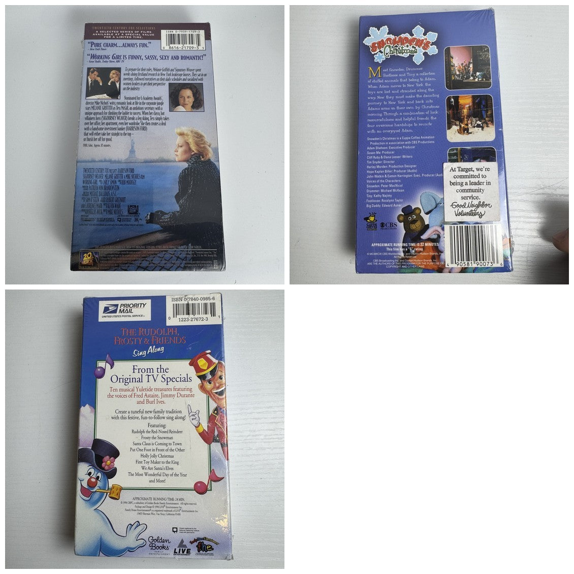 Lot of 3 factory-sealed VHS tapes including Working Girl, Snowden's Christmas, and Rudolph Frosty Sing Along