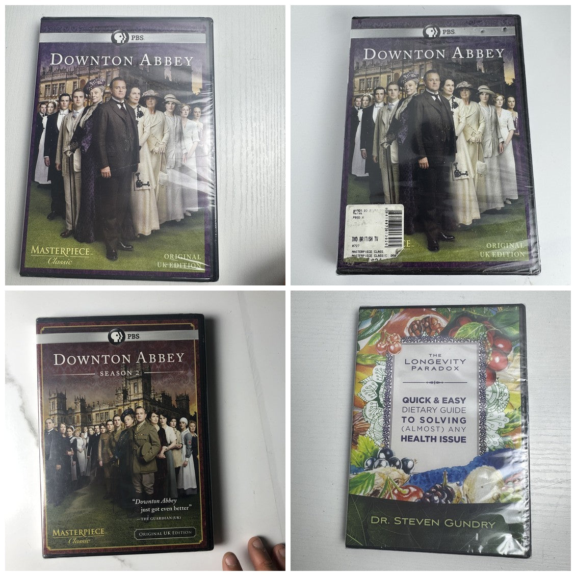 PBS 4-DVD set featuring factory sealed Downton Abbey Seasons 1 and 2 and Dr. Steven Gundry The Longevity Paradox