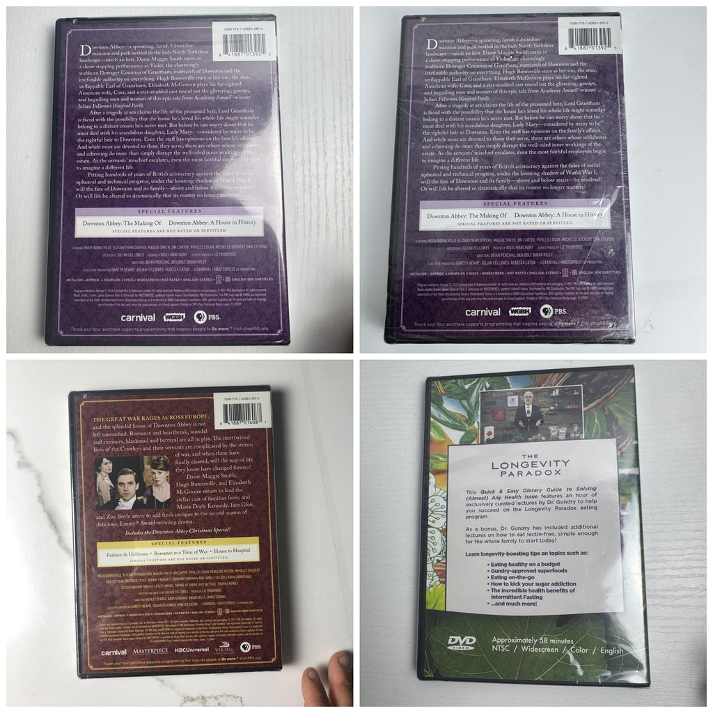 PBS 4-DVD set featuring factory sealed Downton Abbey Seasons 1 and 2 and Dr. Steven Gundry The Longevity Paradox