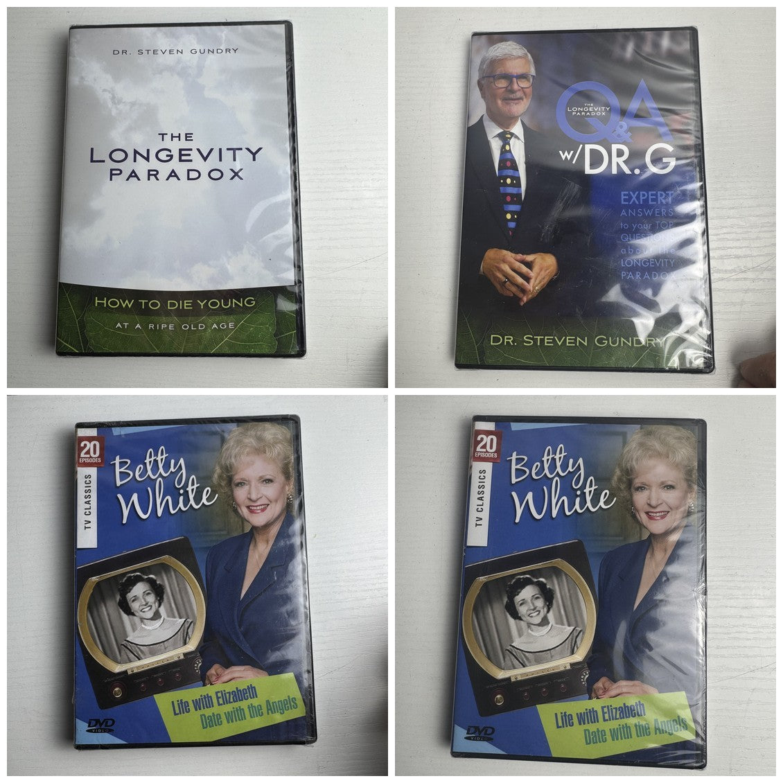 Brand new factory-sealed 4-DVD set featuring Dr. Steven Gundry's Longevity Paradox and Betty White TV Classics.