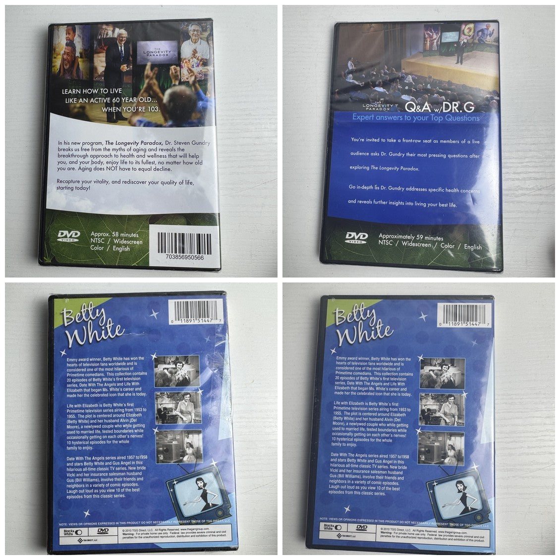 Brand new factory-sealed 4-DVD set featuring Dr. Steven Gundry's Longevity Paradox and Betty White TV Classics.