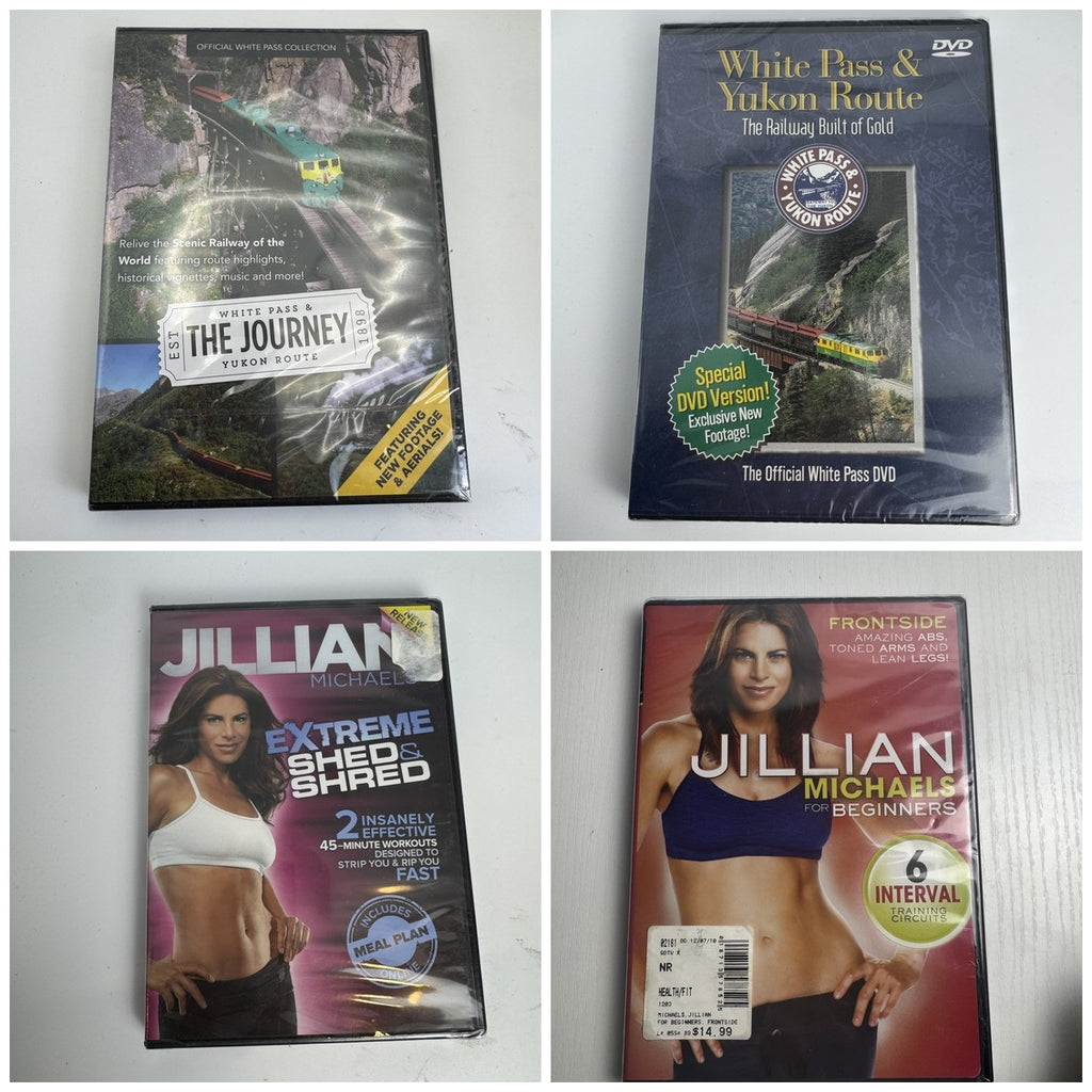 Set of four factory-sealed DVDs including White Pass Yukon Route documentaries and Jillian Michaels fitness workouts.