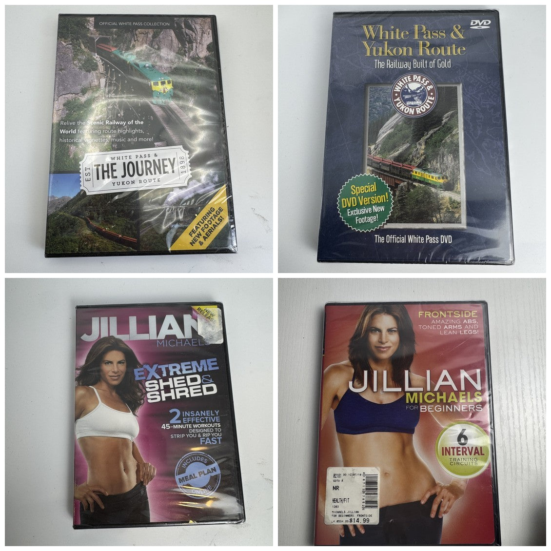 Set of four factory-sealed DVDs including White Pass Yukon Route documentaries and Jillian Michaels fitness workouts.