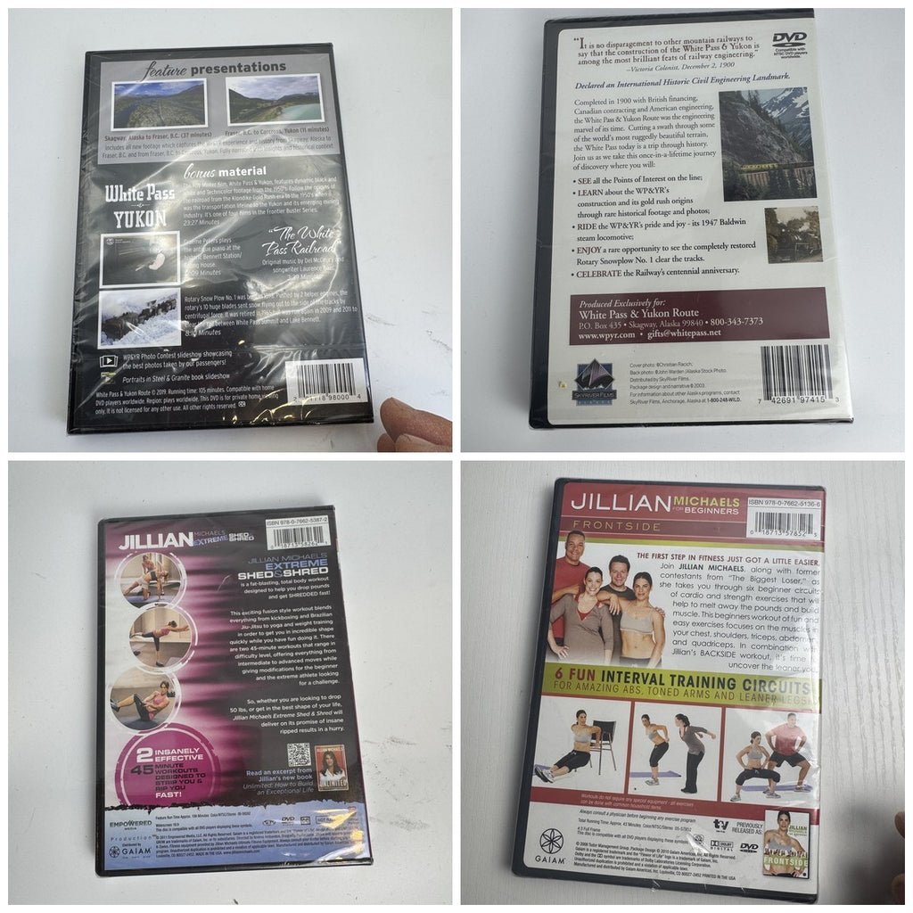 Set of four factory-sealed DVDs including White Pass Yukon Route documentaries and Jillian Michaels fitness workouts.