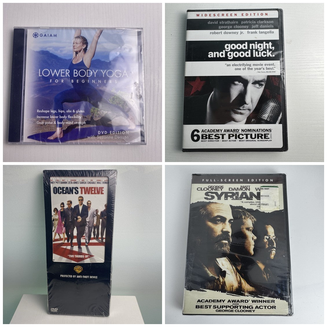 Set of 4 brand-new sealed DVDs including Ocean's Twelve, Syriana, Good Night and Good Luck, and Lower Body Yoga