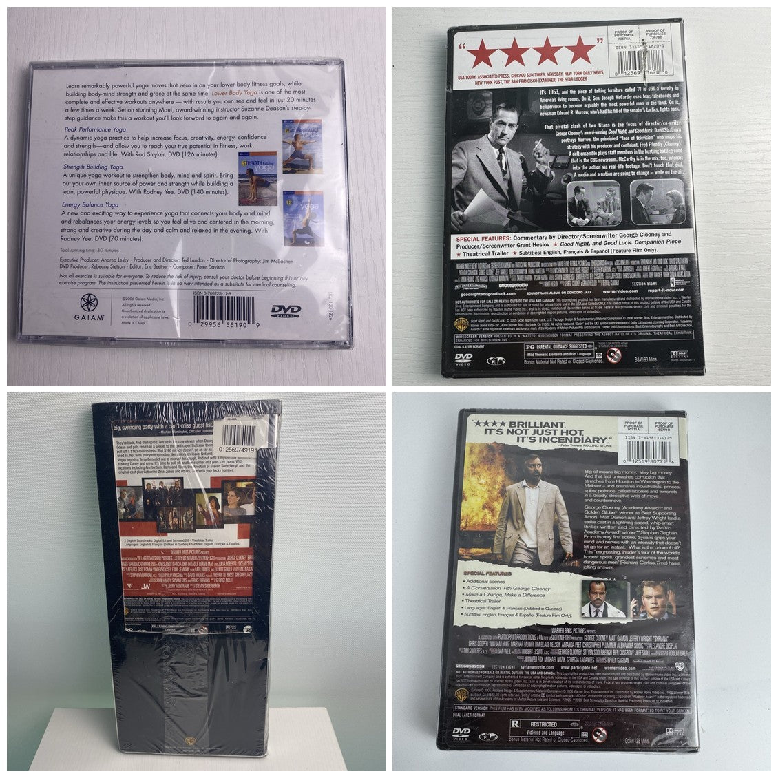 Set of 4 brand-new sealed DVDs including Ocean's Twelve, Syriana, Good Night and Good Luck, and Lower Body Yoga
