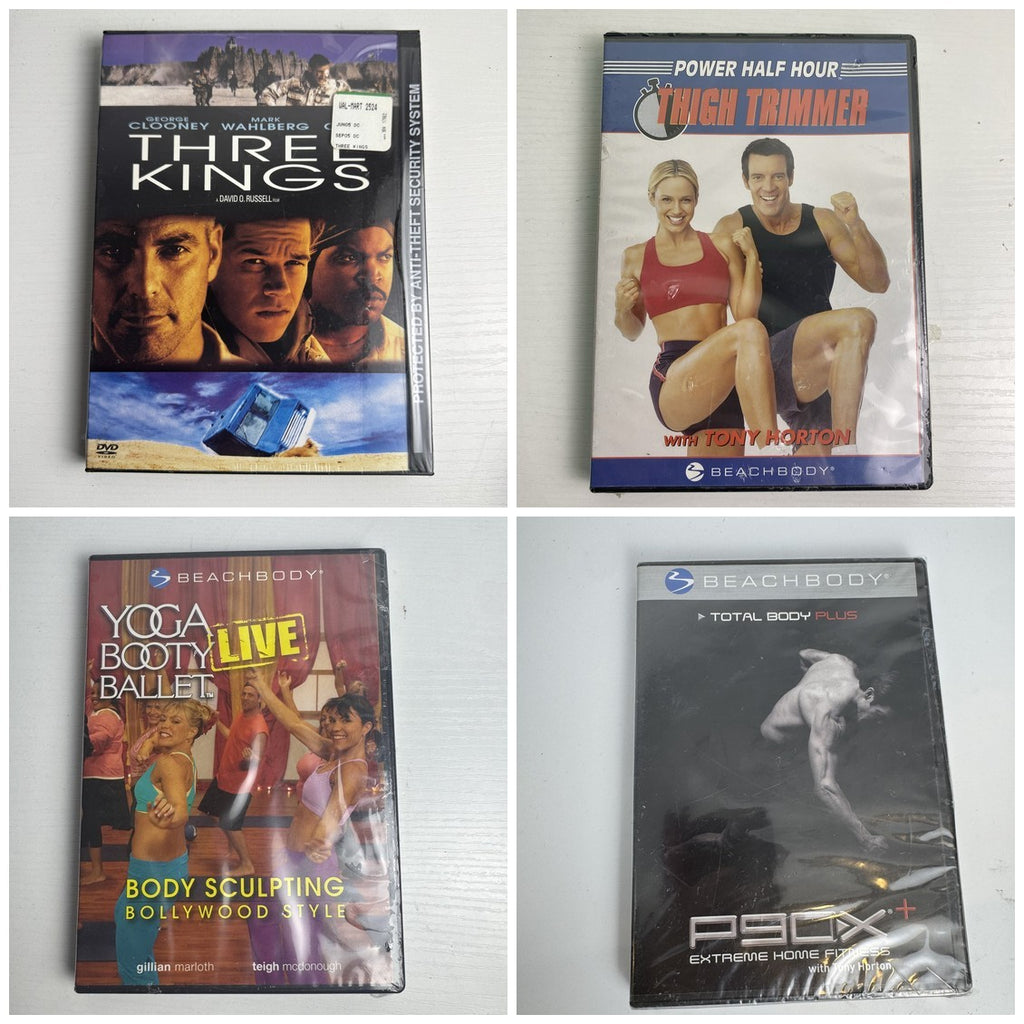 Four brand new factory-sealed DVDs including Three Kings movie and Beachbody P90X fitness workouts.