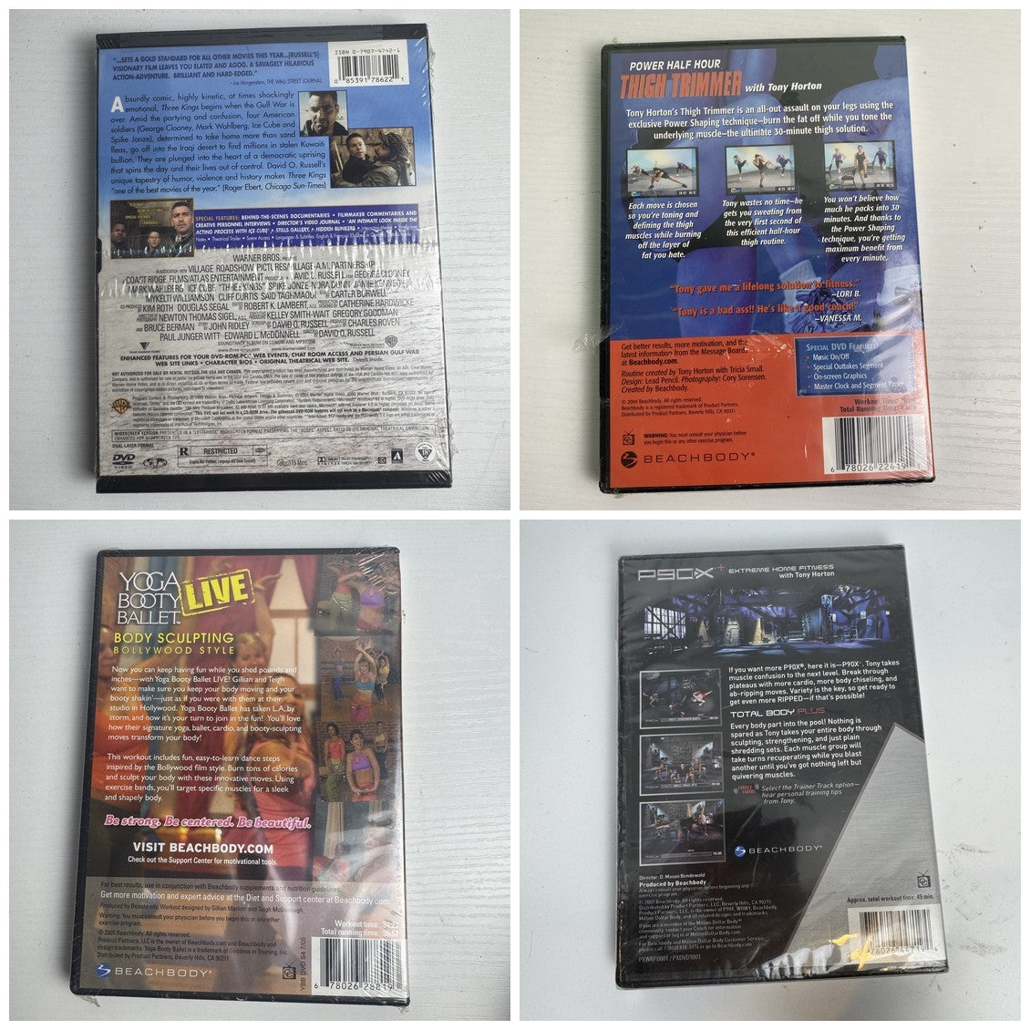 Four brand new factory-sealed DVDs including Three Kings movie and Beachbody P90X fitness workouts.