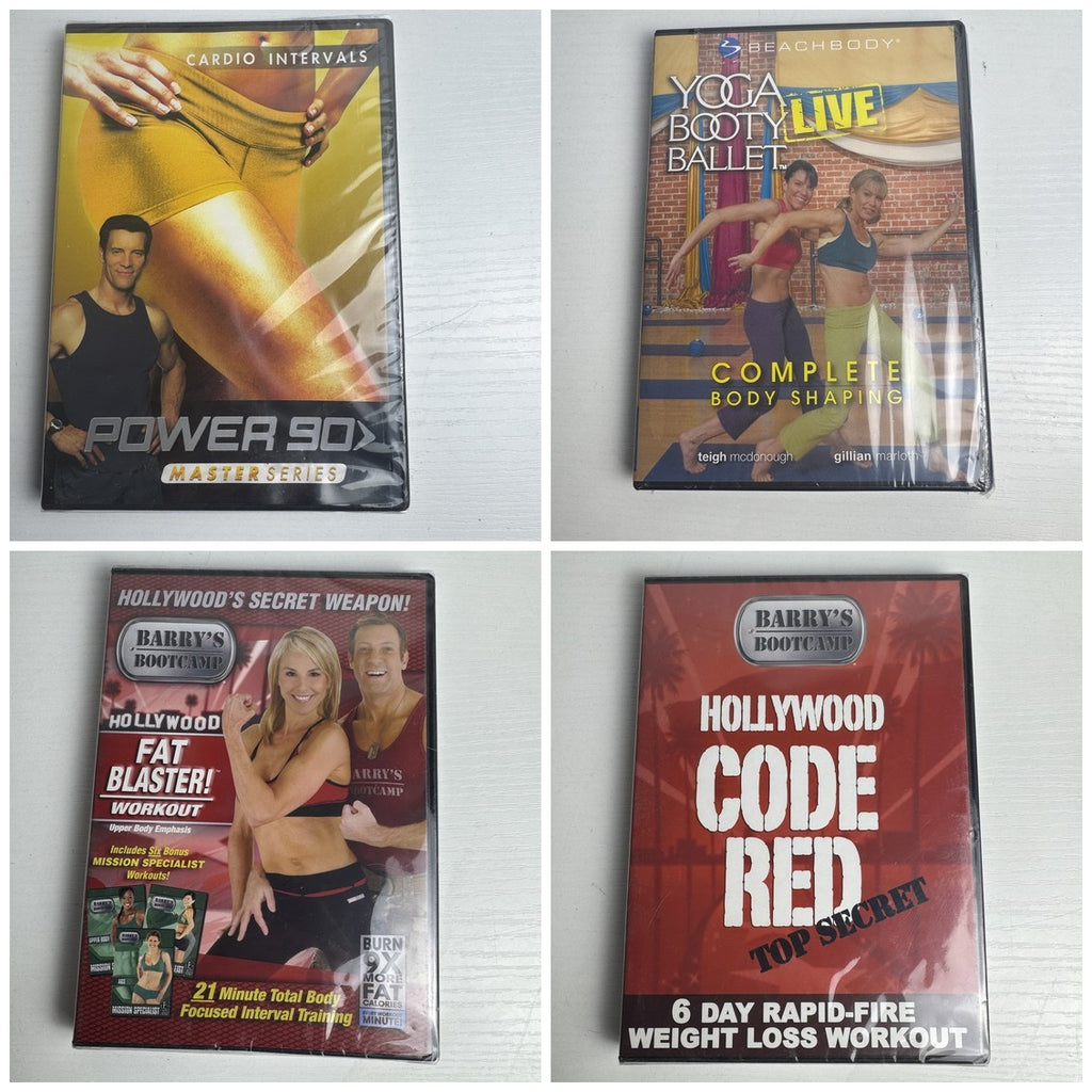 Lot of 4 brand new sealed fitness and exercise DVDs including Power 90X and Barry's Bootcamp.