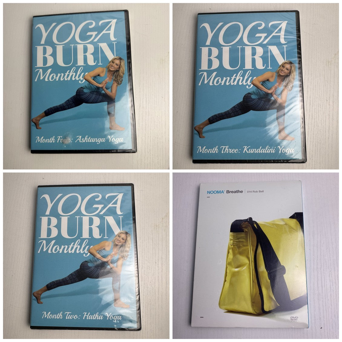 Set of four factory-sealed Yoga Burn Monthly and NOOMA Breathe home fitness DVDs