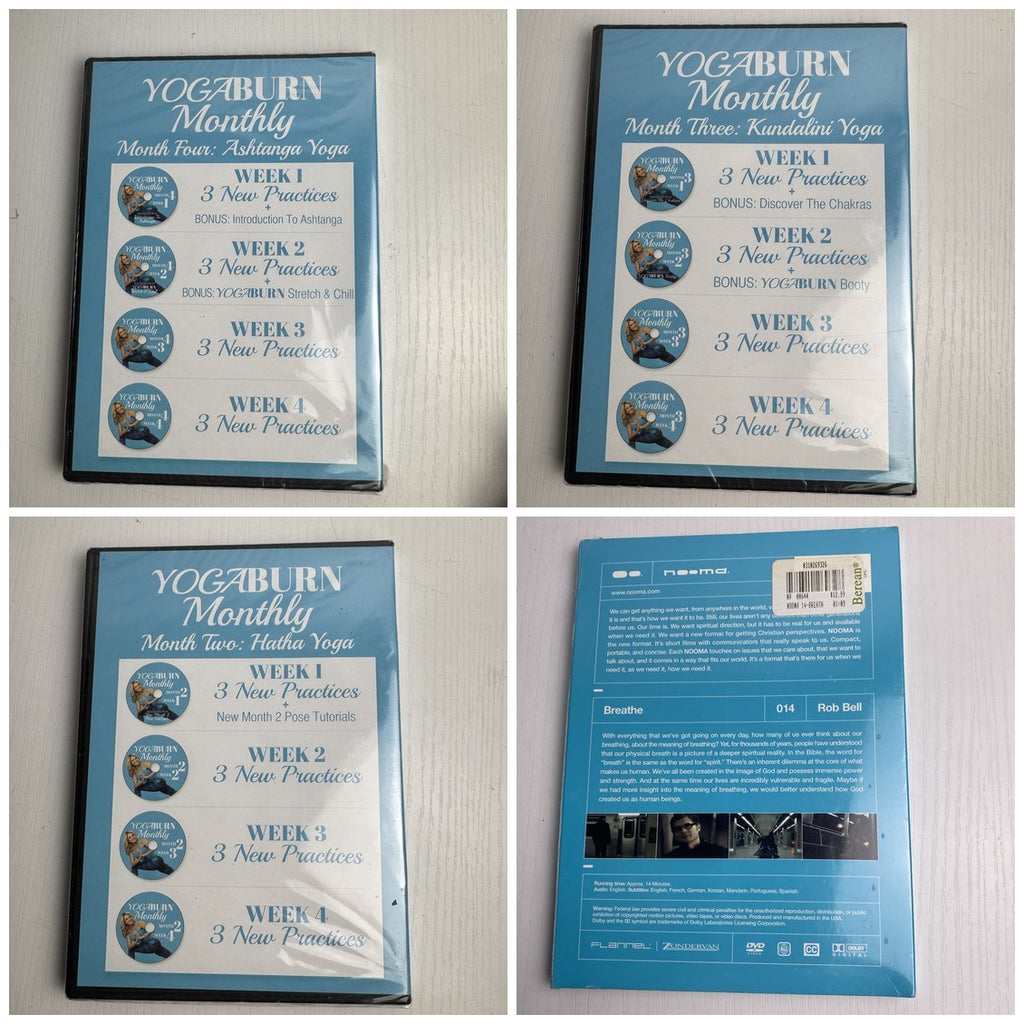 Set of four factory-sealed Yoga Burn Monthly and NOOMA Breathe home fitness DVDs