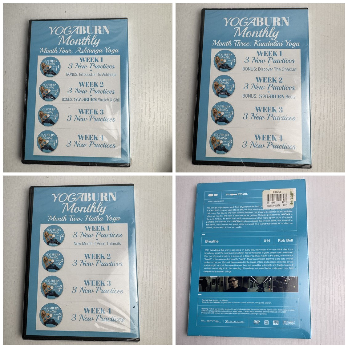 Set of four factory-sealed Yoga Burn Monthly and NOOMA Breathe home fitness DVDs