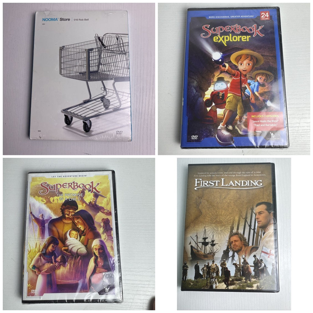 4-disc Faith and Family DVD set featuring Superbook, NOOMA, and First Landing, factory sealed in original plastic.