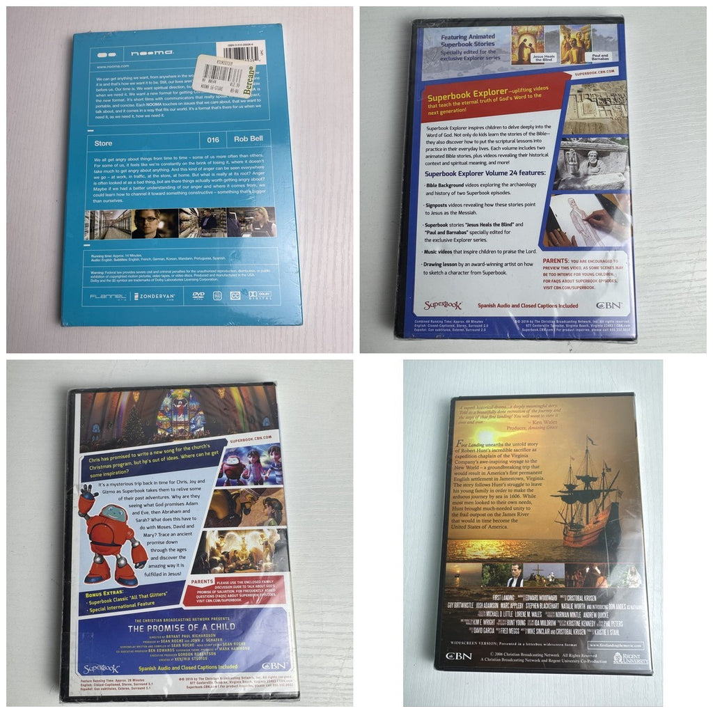 4-disc Faith and Family DVD set featuring Superbook, NOOMA, and First Landing, factory sealed in original plastic.